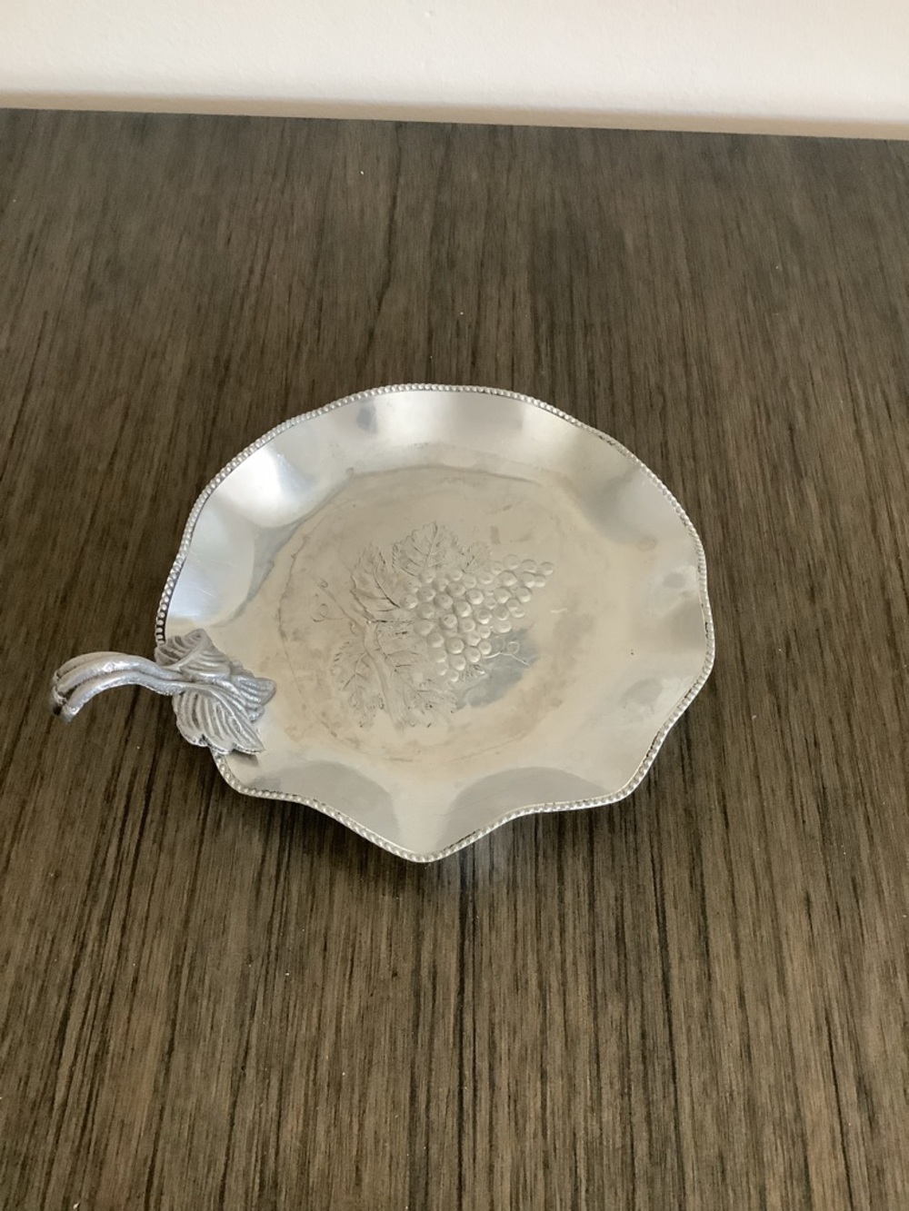 Silver-Tone Grape Embossed Decorative Plate with Leaf Accent